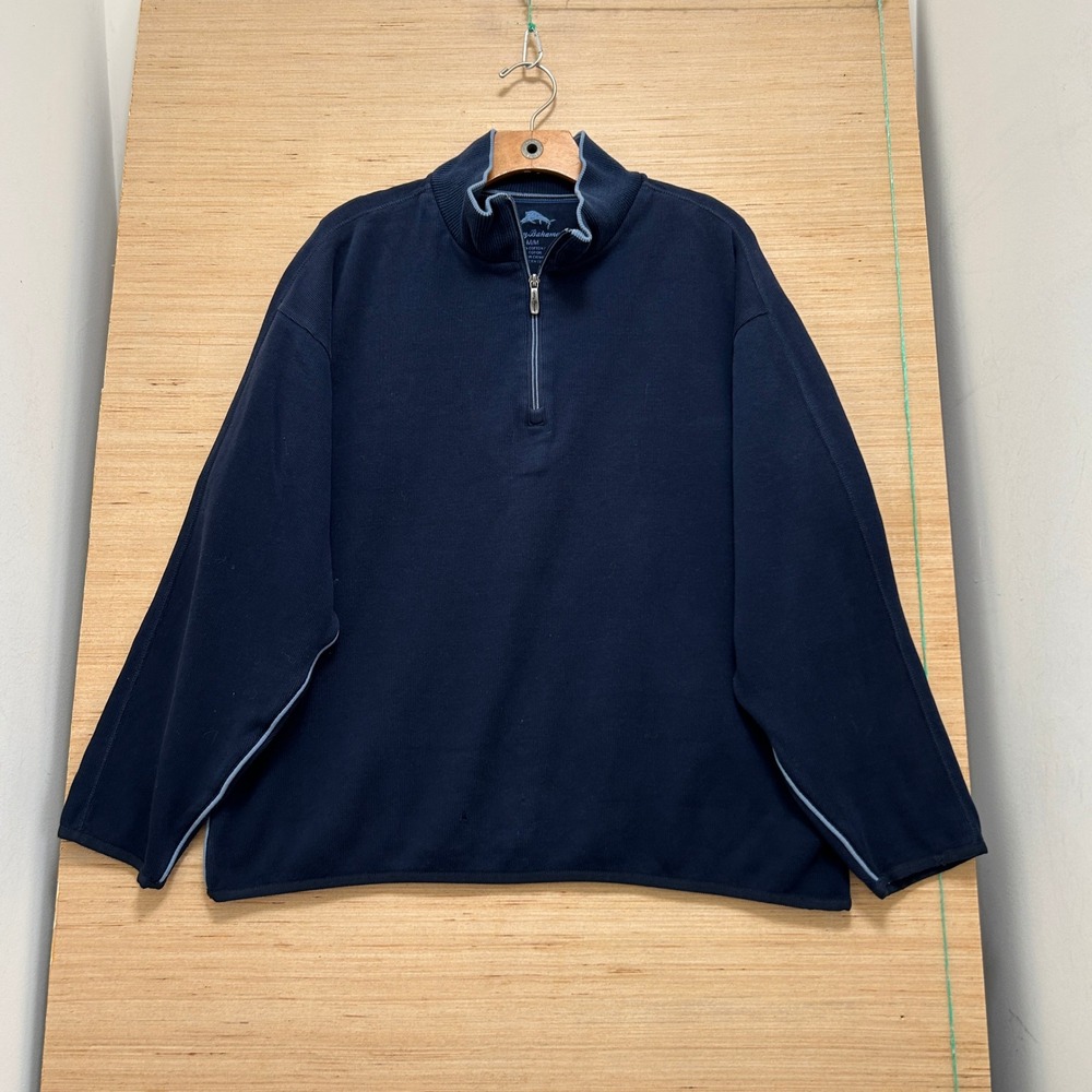 Tommy Bahama Mens Navy Blue 100% Cotton Quarter Zip Mock Neck Sweater Medium